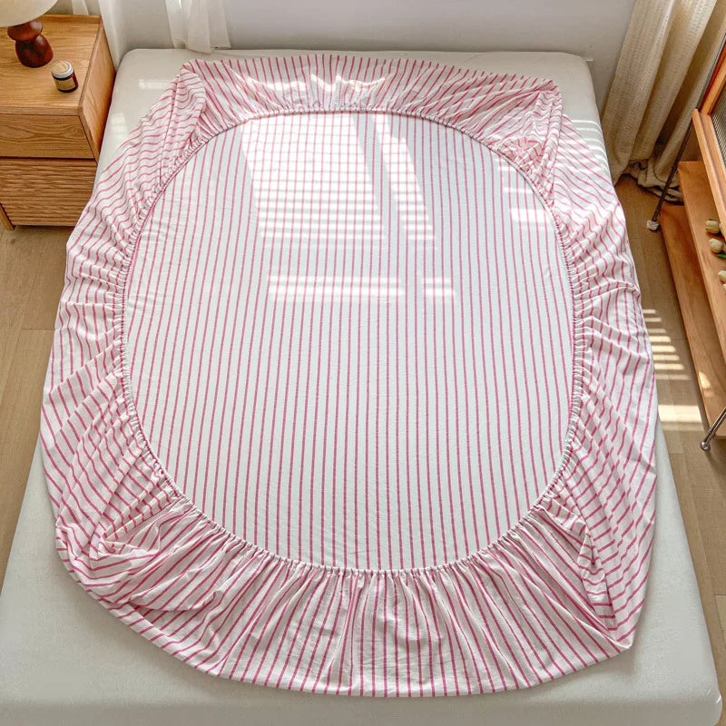 DecorBites™ Cotton Stripe Fitted Sheet- Single Cozy Mattress Cover with Elastic Band