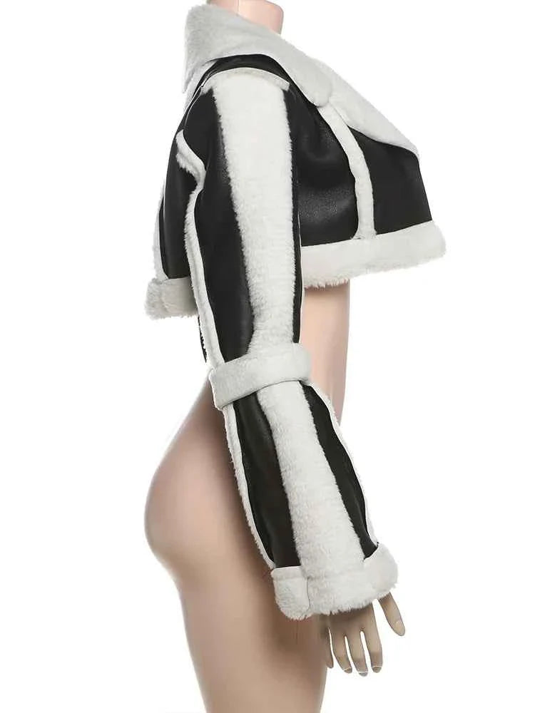 Furry Patchwork Women's Crop Jacket Warm Outwear Basic