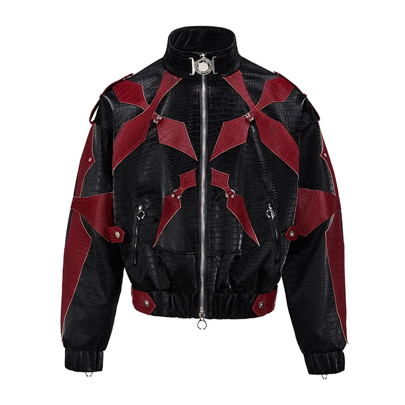 High Quality Crocodile Patchwork Pu Leather Coat Luxury Streetwear Men's Gothic Urban