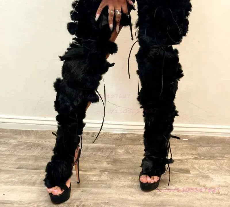 Long Plush Tassel Black Fur Women Fringe Thigh Boots