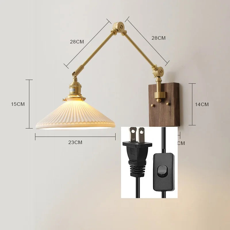 DecorBites™ Copper Swing Arm LED Wall Sconce Pull Chain Switch Rotate Walnut Canopy