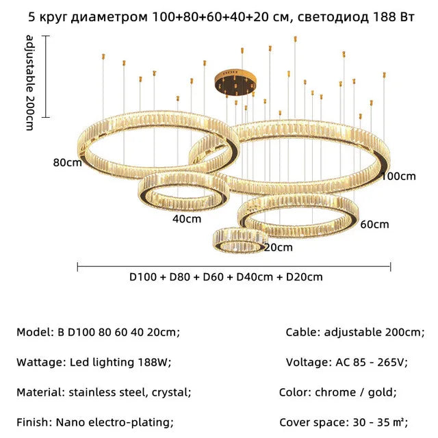DecorBites™ Gold Crystal Round Ring Chandeliers with LED Pendant Light for Ceiling Lighting