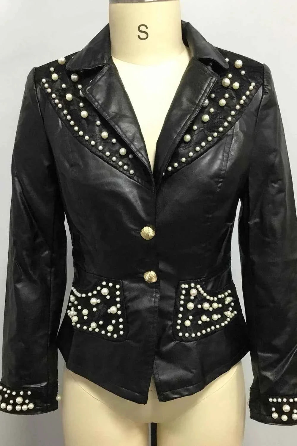 Women's Pearl Decoration PU Leather Jacket