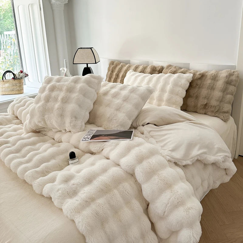 DecorBites™ Deluxe Faux Rabbit Fur Bedding Set: Soft Velvet, Plush Warmth for Winter