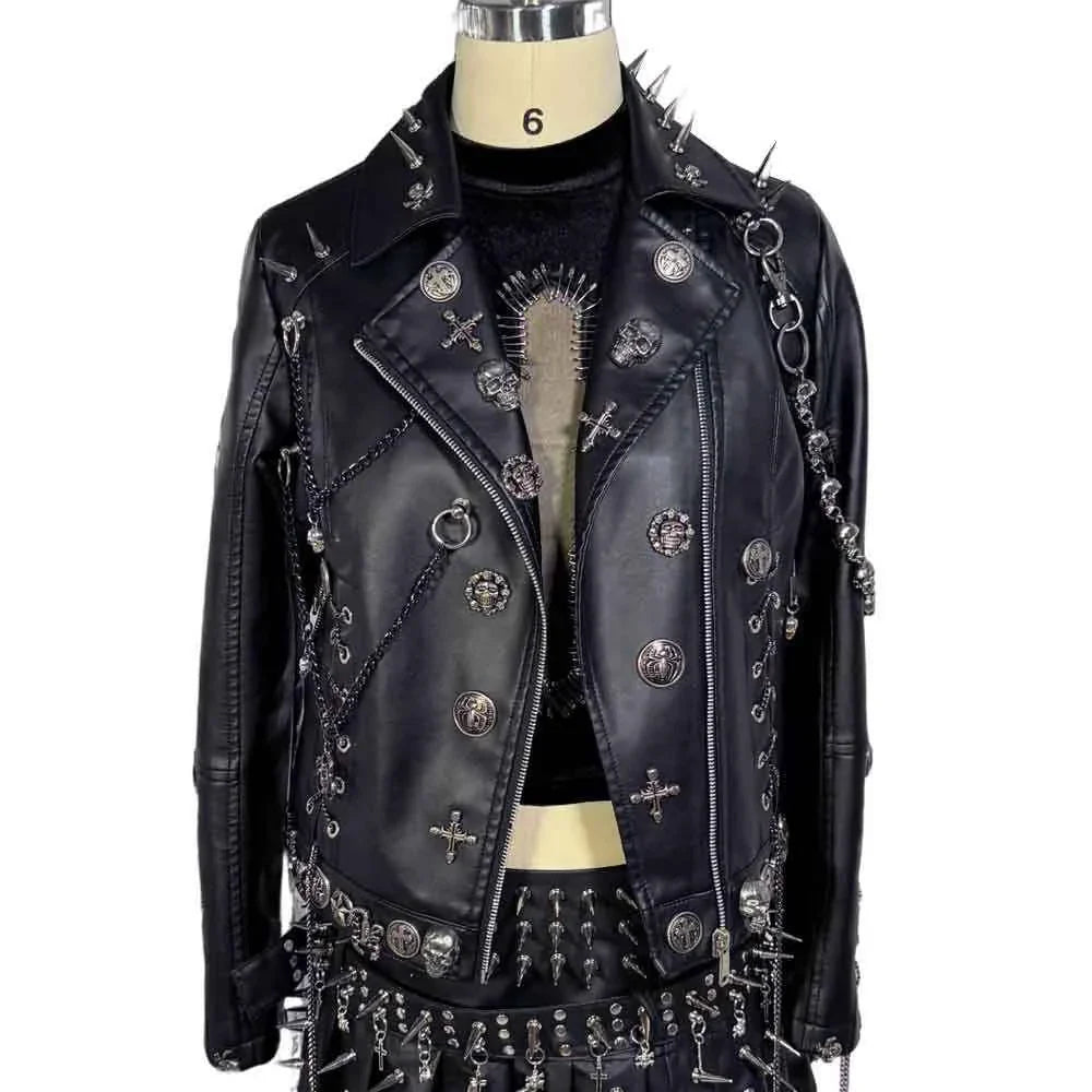 Women's Y2K Vegan Leather Skull Studded Rivets Jacket