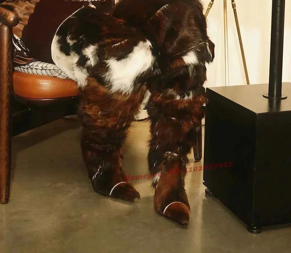 Horsehair Patchwork Thigh High Boots Rivet Stiletto Fur Pointy Toe Women's Boots