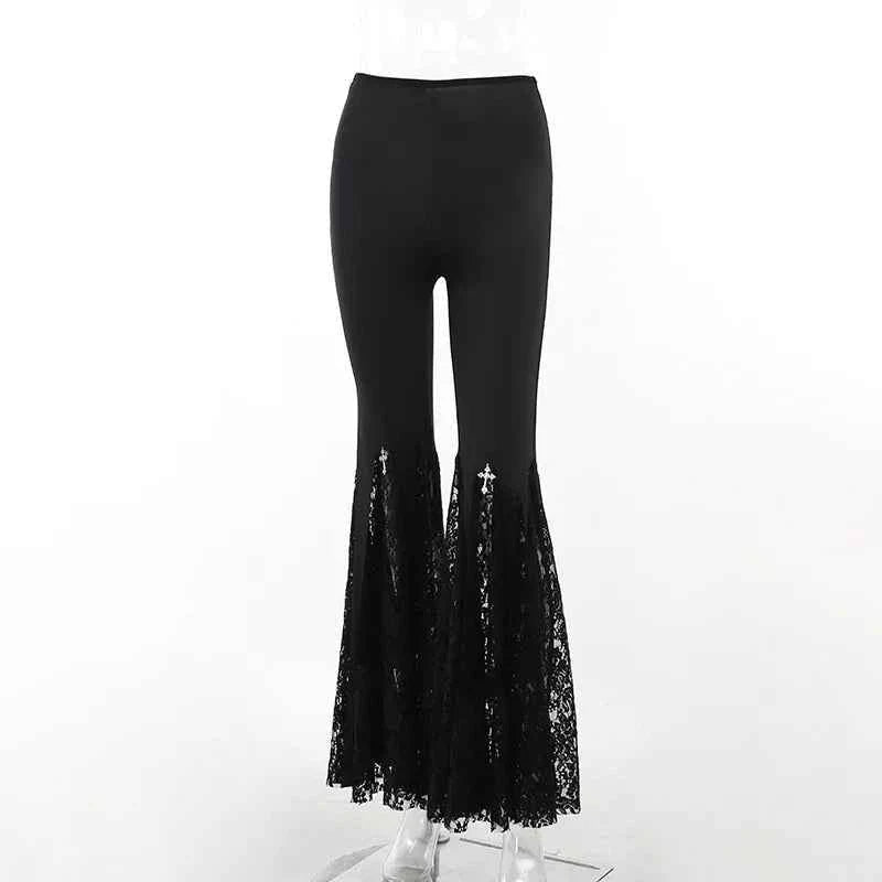 Goth Mall Flare Jeans Sexy Black Lace Patchwork High Waist Vintage Punk Grunge Streetwear