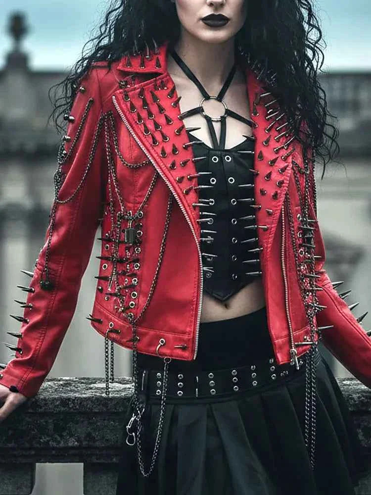 Women's Spiked Studded Rivet Goth Emo Pu Leather Jacket Grunge