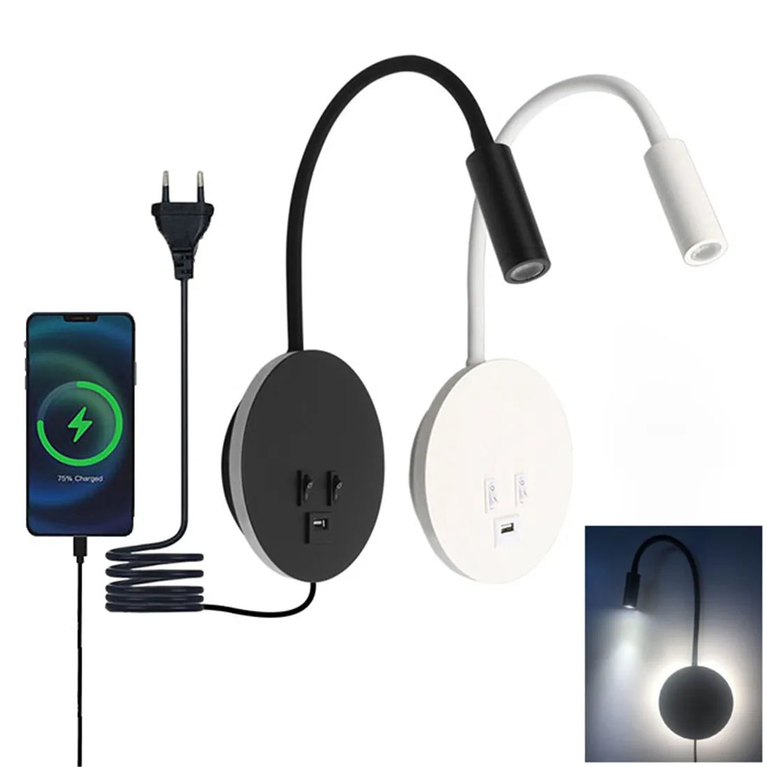 DecorBites™ Corded Gooseneck Wall Sconce with USB Port Switch and Cree LED Backlight