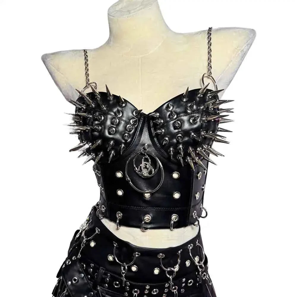 Goth Top with Spikes Grunge PU Leather Tank T-shirt
