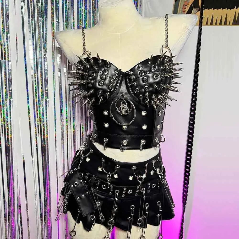Goth Top with Spikes Grunge PU Leather Tank T-shirt
