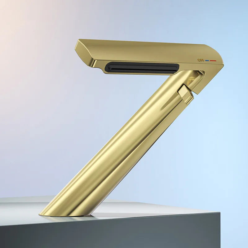 DecorBites™ Gold Waterfall Basin Faucet: Gray Mixer Tap, Single Handle Hot and Cold Lavatory