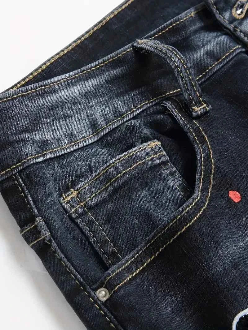 Men's Y2K Stretchy Denim Pants Ripped Skinny Letter Print elastic waist Casual pants