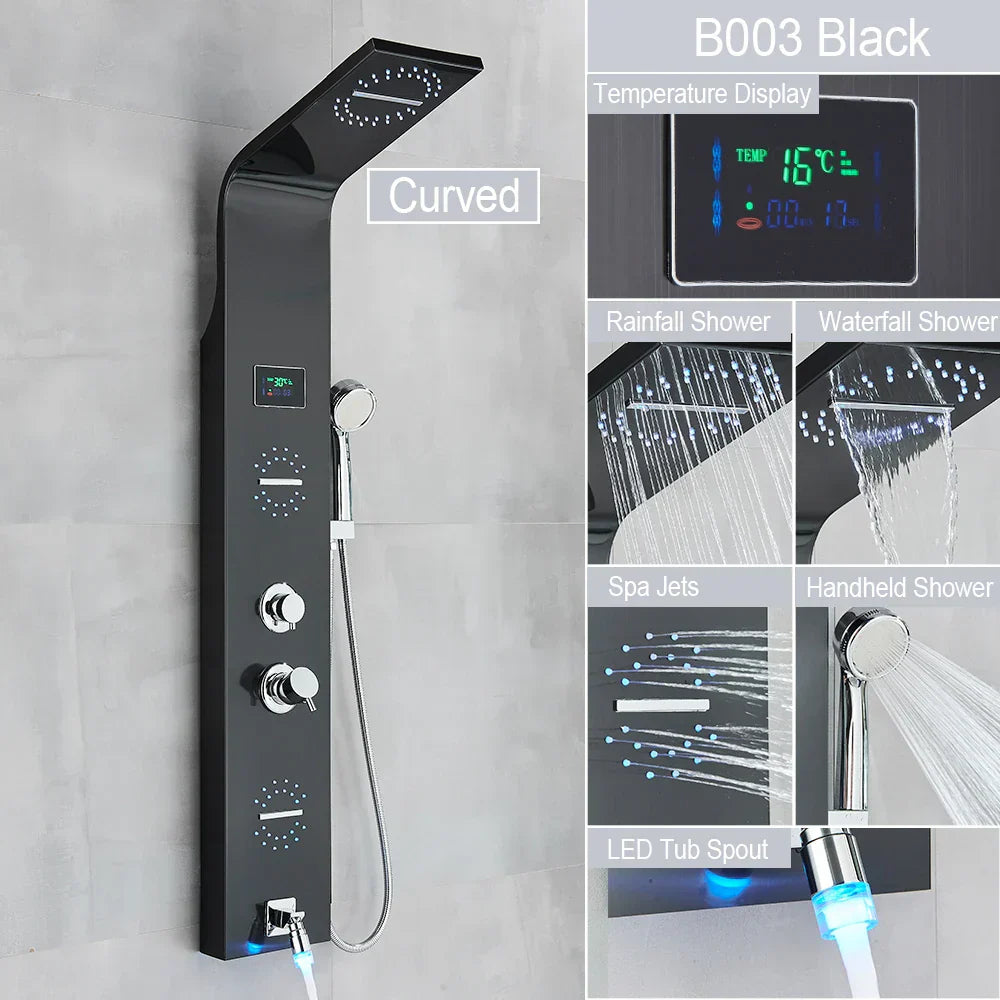 DecorBites™ LED Light Shower Faucet System: Rainfall, Massage Jets, Waterfall Panel with Temperature Control