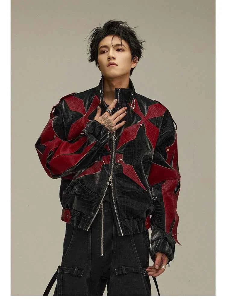 High Quality Crocodile Patchwork Pu Leather Coat Luxury Streetwear Men's Gothic Urban