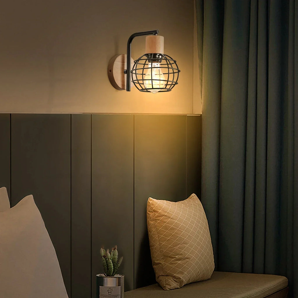 DecorBites™ Iron Wood Wall Lamp Shade: Nordic Indoor Sconce for Bedroom, Living Room, Restaurant