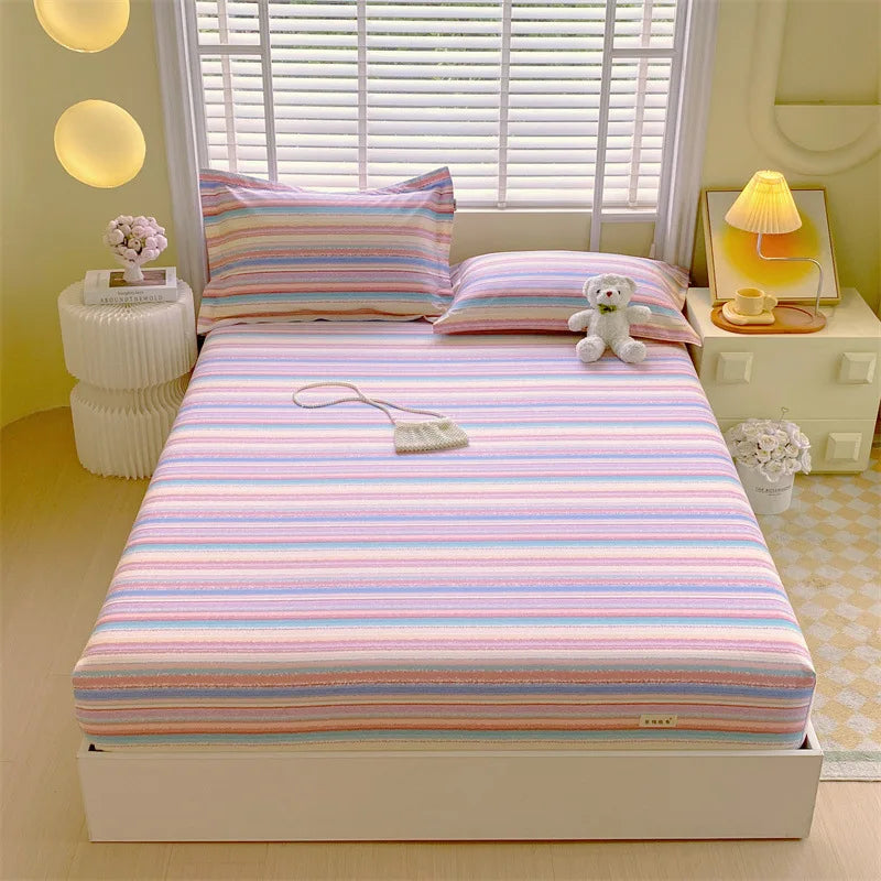 DecorBites™ Cotton Striped Fitted Bed Sheet for Queen Double Mattress Cover