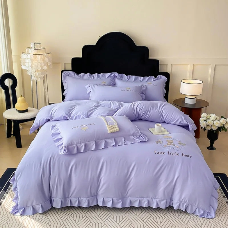 DecorBites™ French Embroidered Cotton Bed Skirt Set with Ruffled Edges