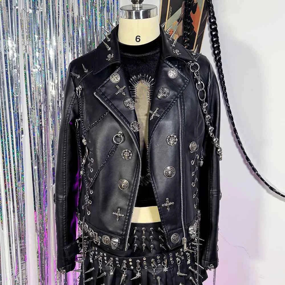 Women's Y2K Vegan Leather Skull Studded Rivets Jacket
