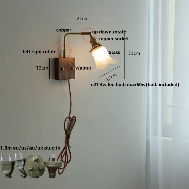 DecorBites™ Glass Pink LED Wall Lights Pull Chain Switch Rotatable Sconce Bedside Lamp