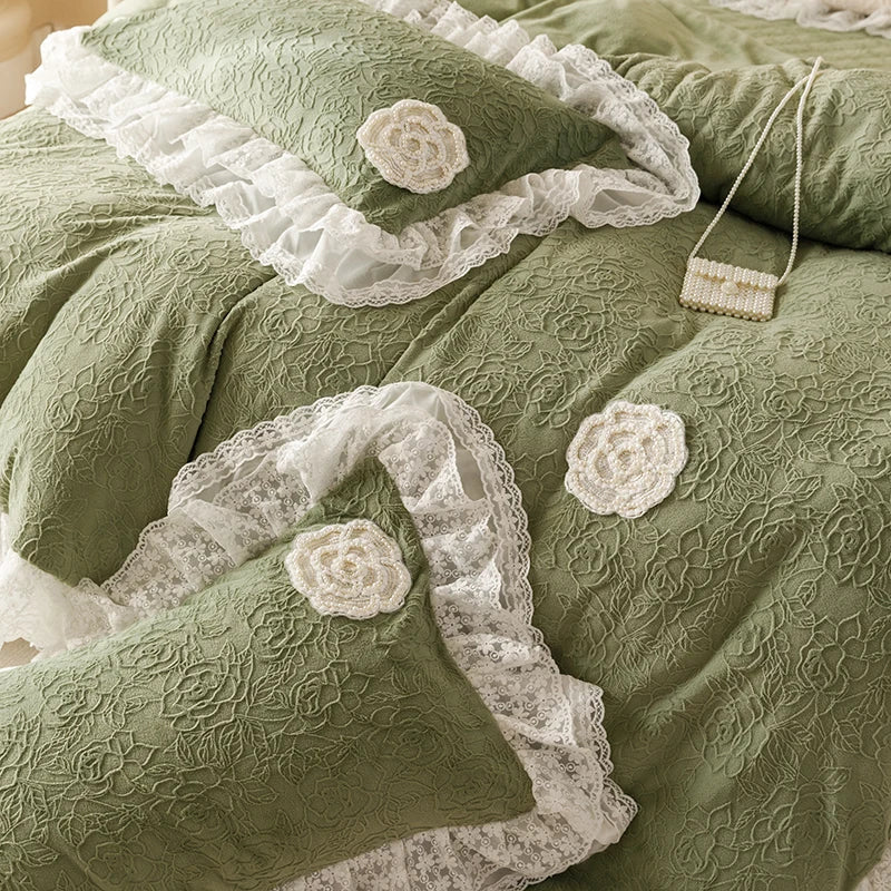 DecorBites™ Luxe Carved Velvet Lace Ruffles Bedding Set with Quilted Bed Skirt