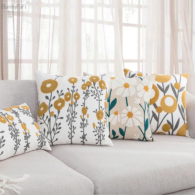 DecorBites™ Daisy Home Floral Geometric Embroidery Pillow Cover 45x45cm/30x50cm Yellow Blue