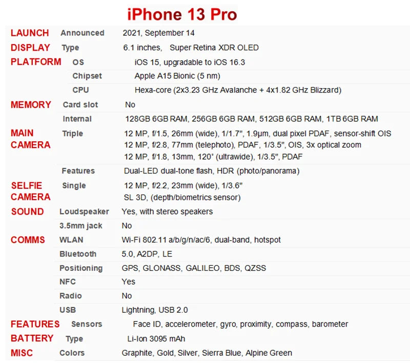 (refurbished) Apple iPhone 13 Pro 128/256/512GB/1TB ROM 6.1" Super Retina OLED RAM 6GB A15 IOS Face ID NFC 5G Smartphone