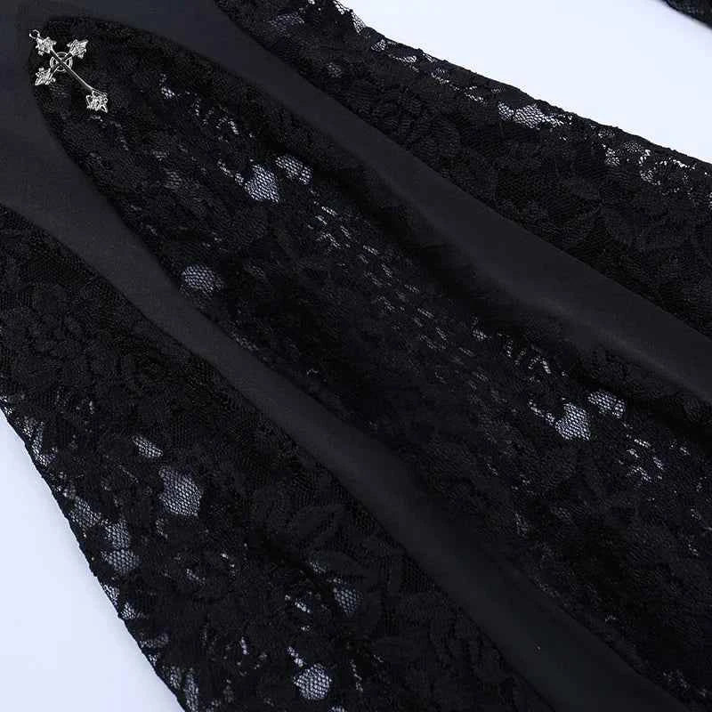 Goth Mall Flare Jeans Sexy Black Lace Patchwork High Waist Vintage Punk Grunge Streetwear