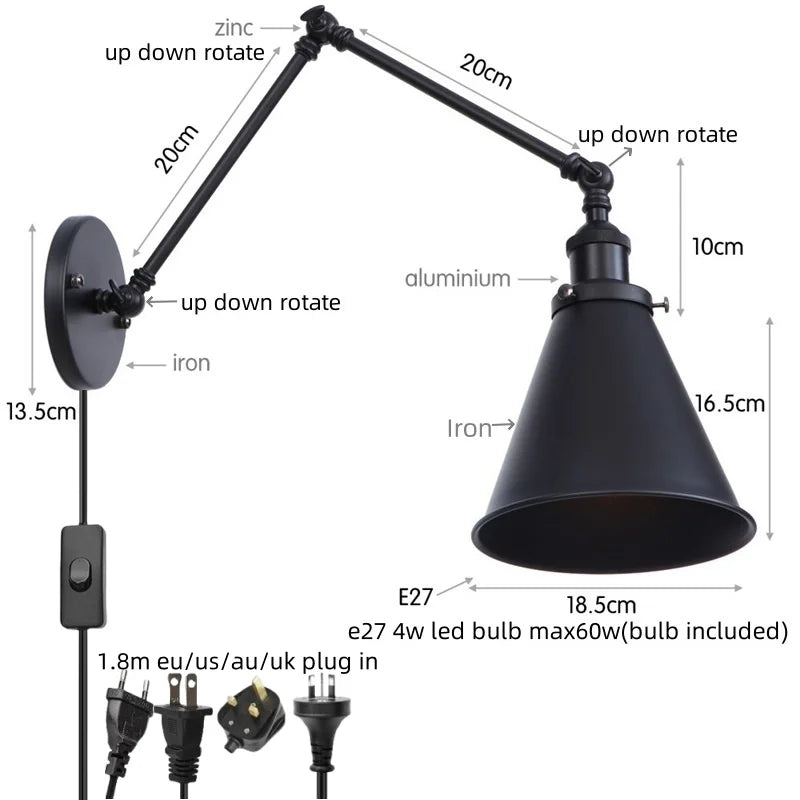 DecorBites™ LED Long Arm Wall Lamp with Pull Chain Switch for Home Hotel Bathroom