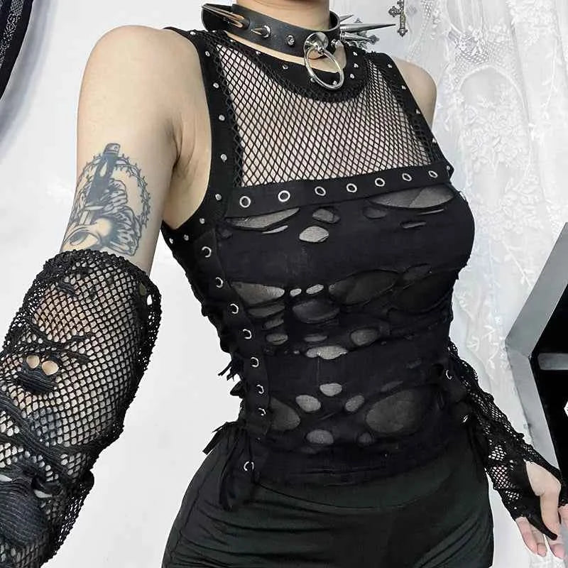 Gothic Crop Top T-Shirt for Women Sexy Fishnet Backless Steampunk