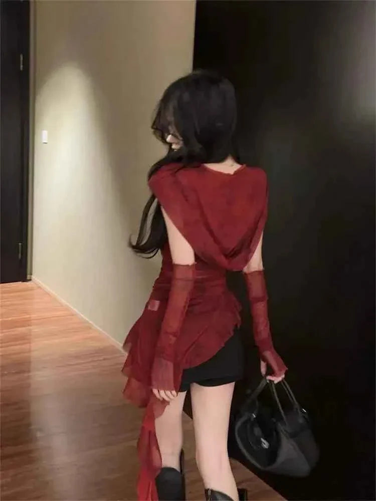 Red Mesh See Through Top Streetwear T-shirt Irregular Ruffle