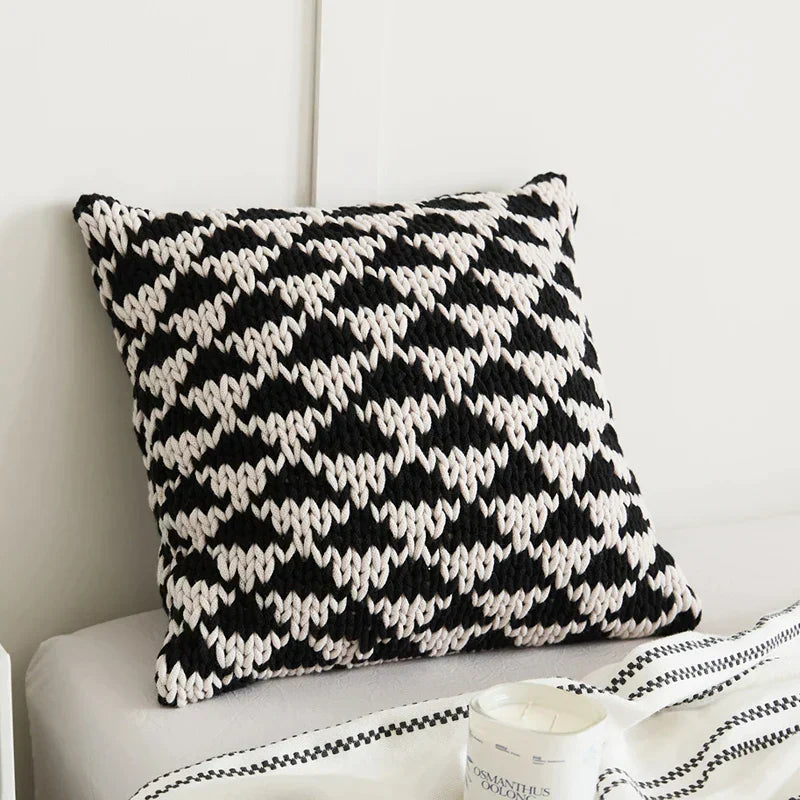 DecorBites™ Geo Knit Stripe Woven Square Pillow 45x45cm Black Ivory Insets