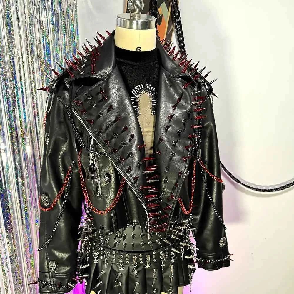 Women's PU Leather Skull Studded Jacket Vintage Hand Made Studded Rivet