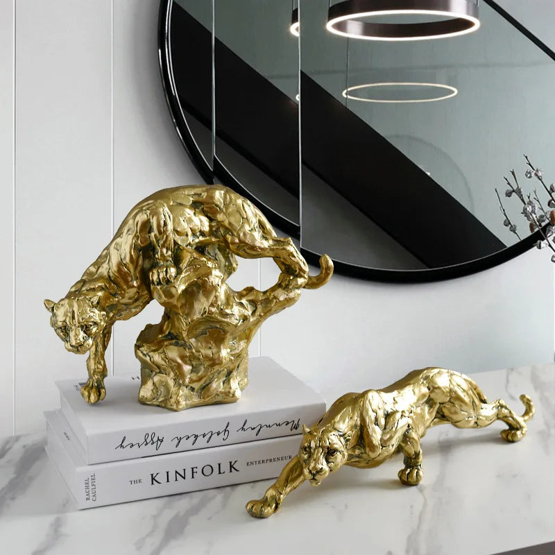 DecorBites™ Golden Leopard Resin Sculpture - Handcrafted Cheetah Decoration