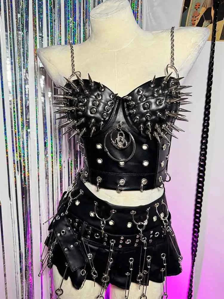 Goth Top with Spikes Grunge PU Leather Tank T-shirt
