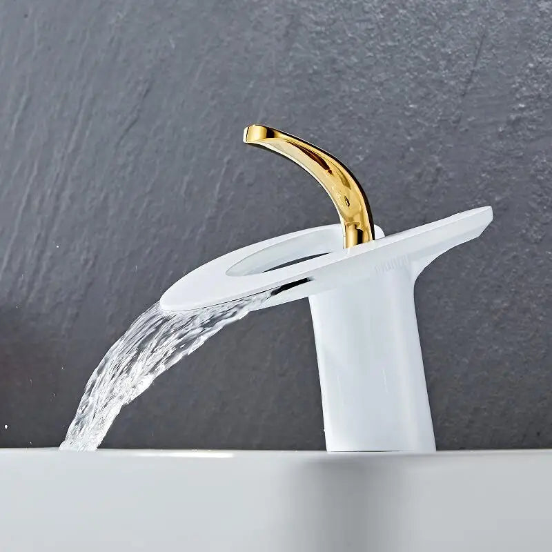 DecorBites™ Golden/White & Black Waterfall Basin Faucet - Brass Sink Mixer Tap - Hot & Cold