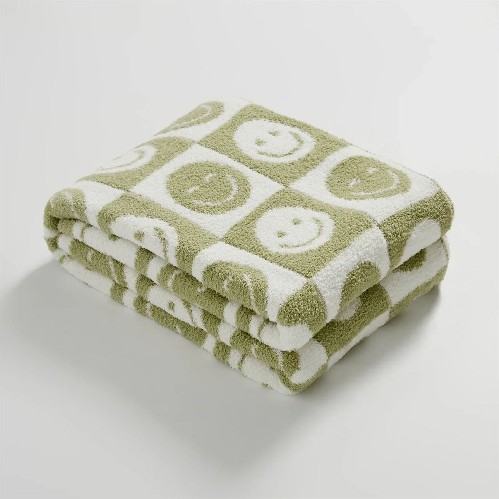 DecorBites™ Knitted Checkboard Smile Face Design Fluffy Blanket - Spring Violet Pink Gray Blanket