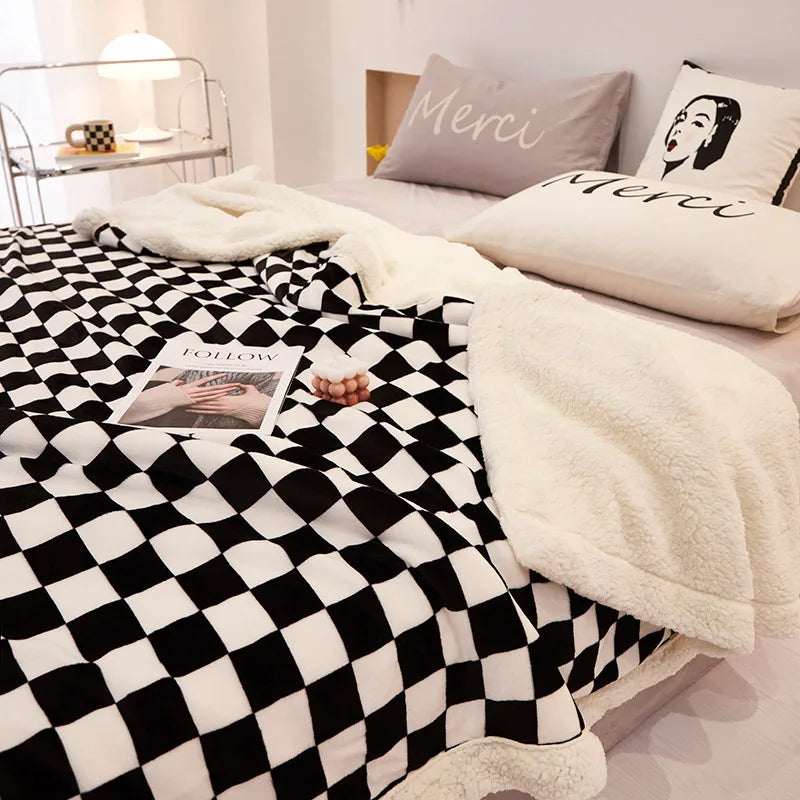 DecorBites™ Double Layer Lamb Wool Checkered Blanket - Nordic Style Warm Bedspread