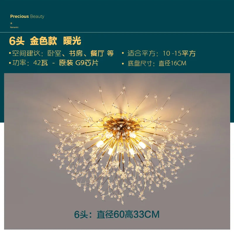 DecorBites™ Golden Dandelion Crystal Chandelier: Warm Nordic LED Ceiling Lamp for Romantic Living Room.