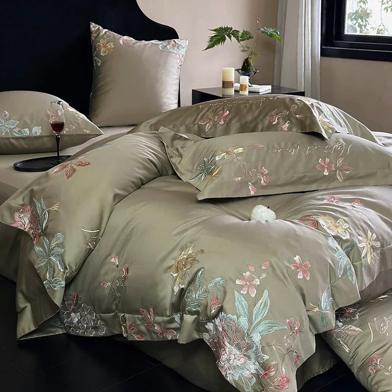 DecorBites™ Cotton Flowers Embroidery Bedding Set: Full Queen King Sizes