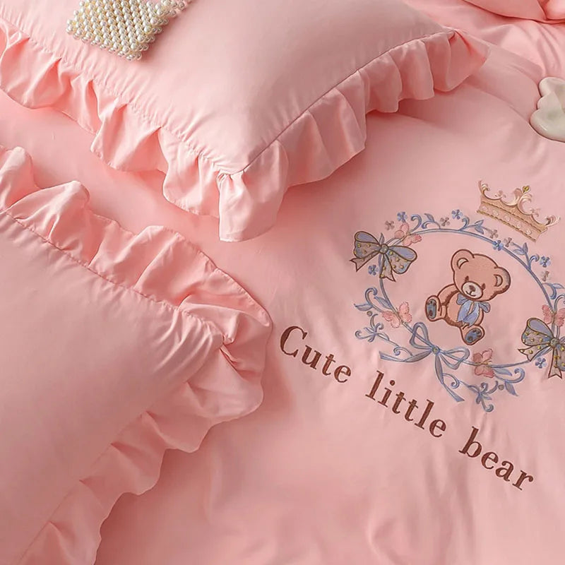 DecorBites™ French Embroidered Cotton Bed Skirt Set with Ruffled Edges