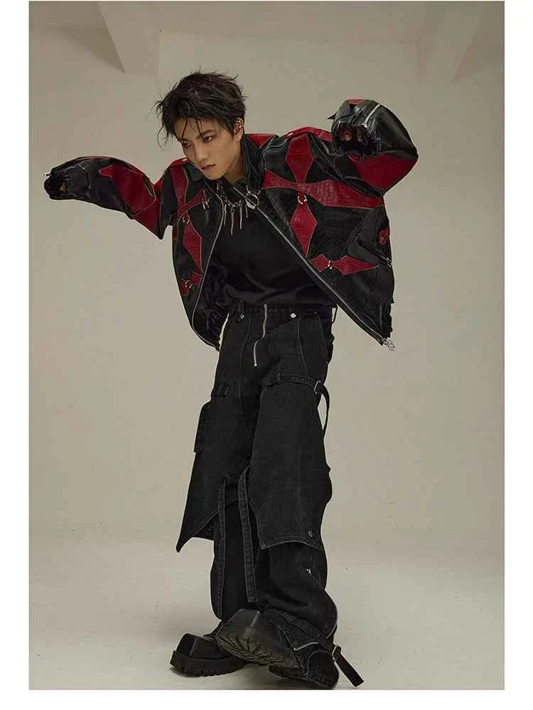 High Quality Crocodile Patchwork Pu Leather Coat Luxury Streetwear Men's Gothic Urban