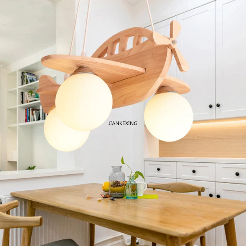 DecorBites™ Kids Wood Airplane Chandelier LED Suspension Light for Boy's Bedroom