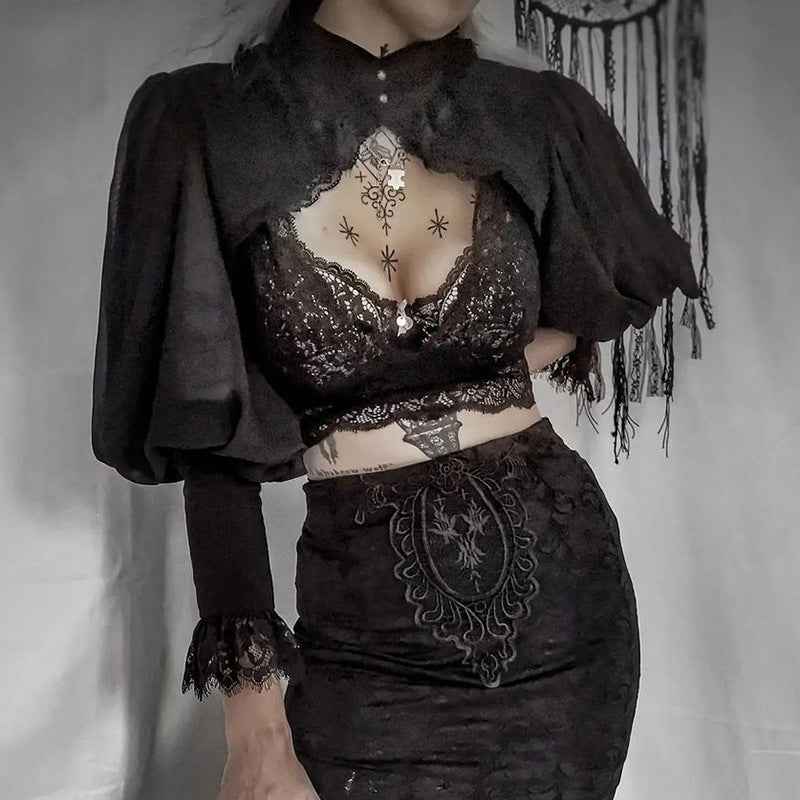 Gothic Lantern Sleeve Long Sleeve Crop Blouse