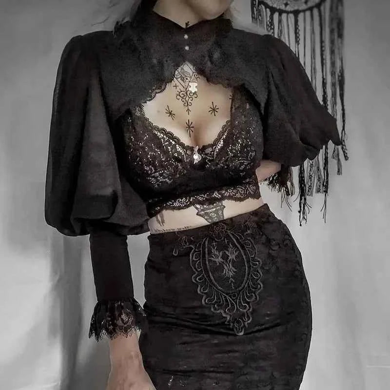 Gothic Lantern Sleeve Long Sleeve Crop Blouse