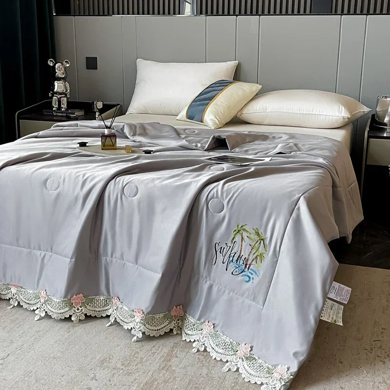 DecorBites™ Lace Edge Flowers Embroidery Cool Blanket for Bed - Machine Washable Summer Quilt