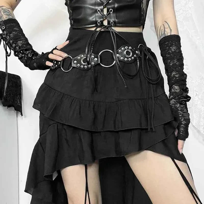 Goth Dark Kawaii Black Tiered Skirt 90S Retro Irregular Hem