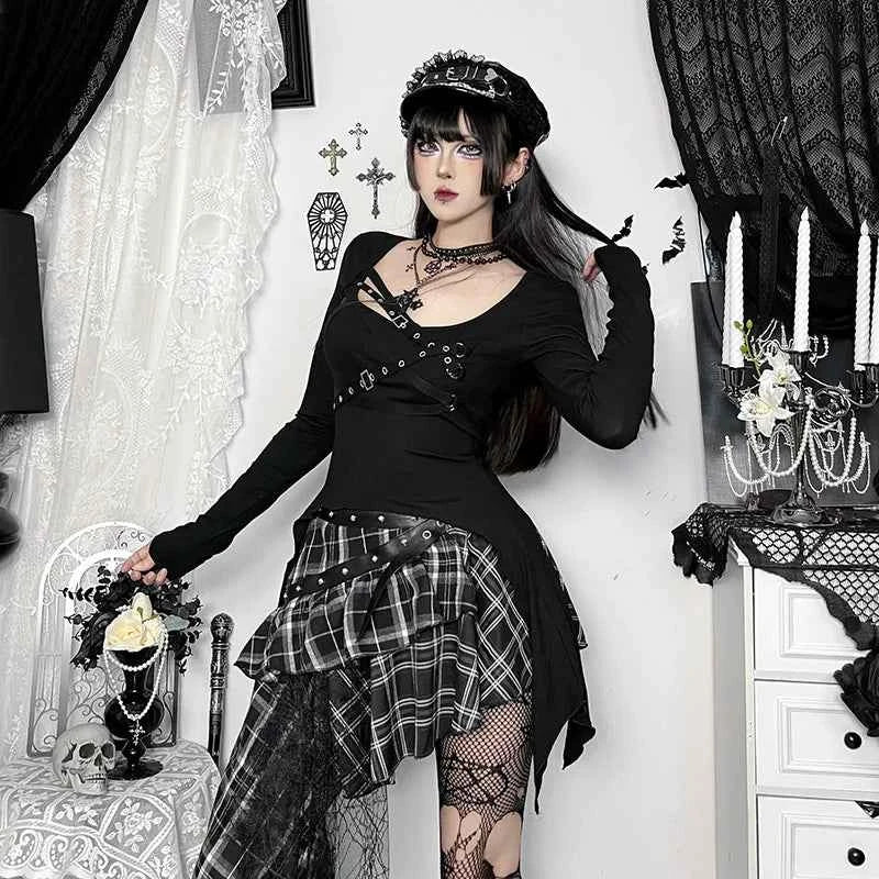 Goth Dark Punk Rivet Sexy Long Sleeve T-shirt