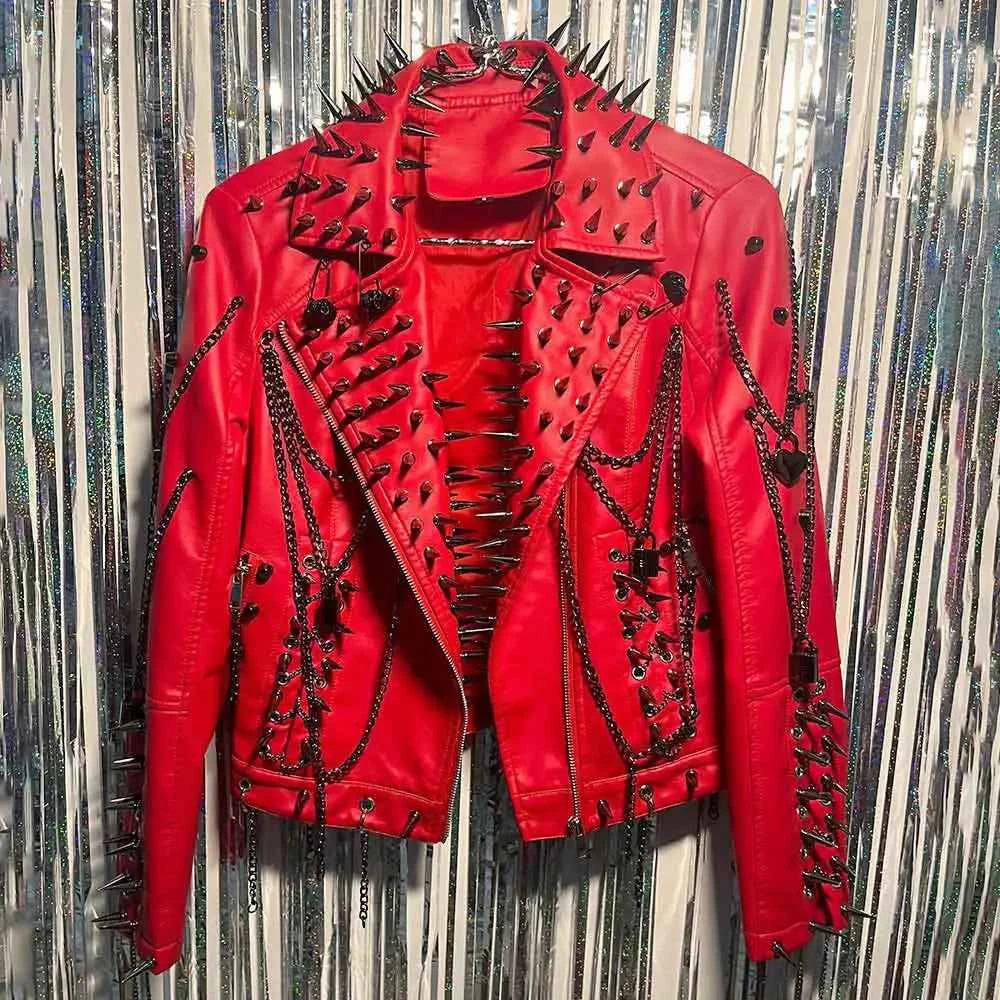 Women's Spiked Studded Rivet Goth Emo Pu Leather Jacket Grunge