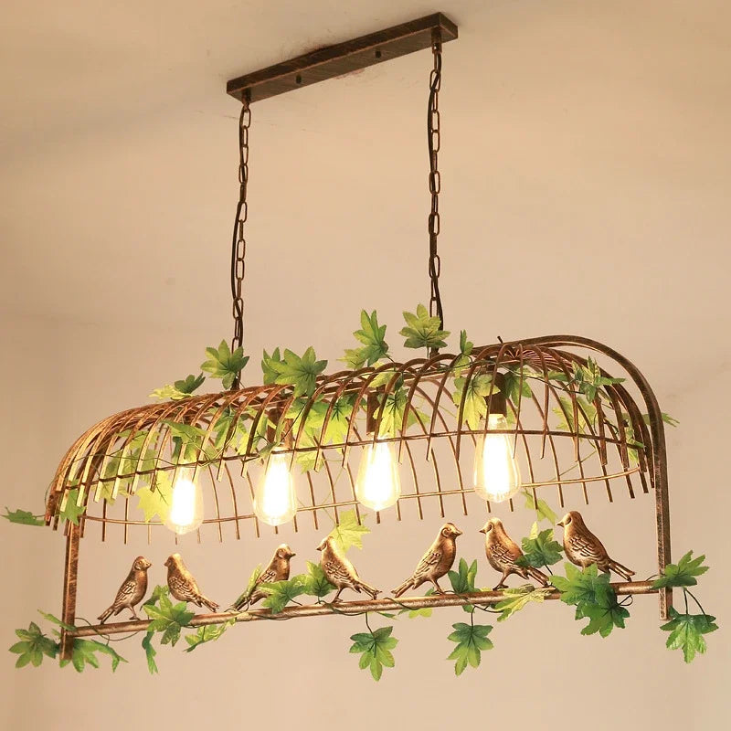DecorBites™ Iron Bird Cage Chandelier with Green Leaf Decoration and LED Lamps